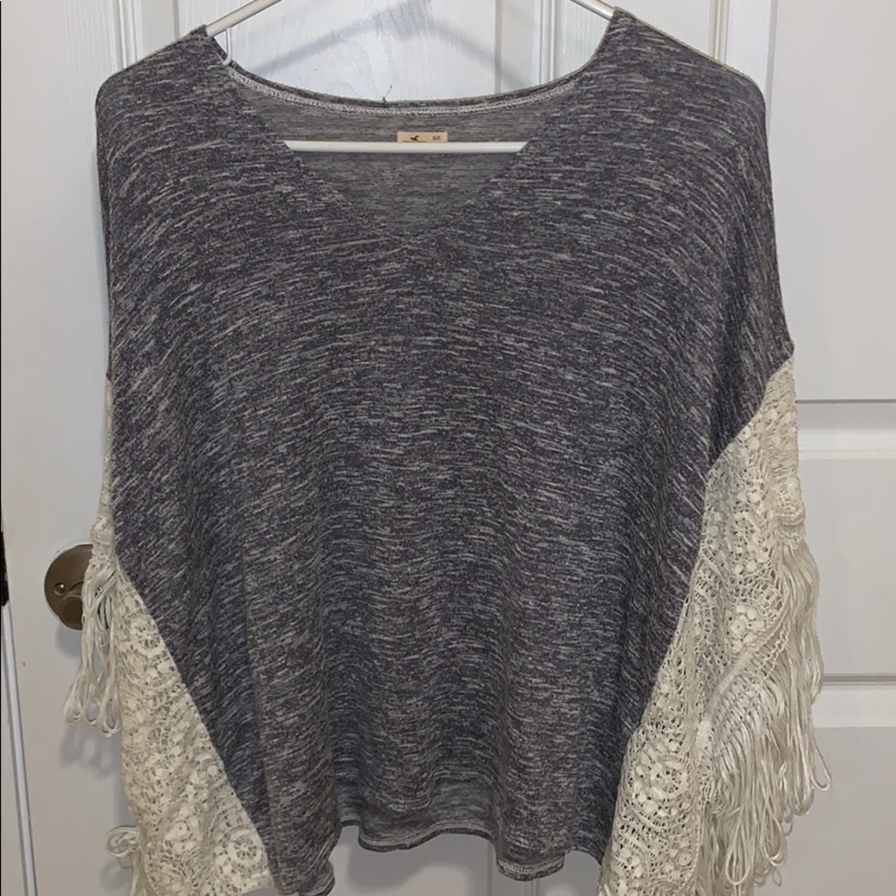 Gray with white lace sleeves top size small